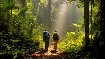 Fototapeta premium Trekking through a Dense Rainforest, with towering trees and a chorus of exotic wildlife