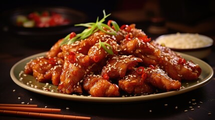 Fototapeta premium General Tsos chicken - beautifully arranged and served on a white plate 