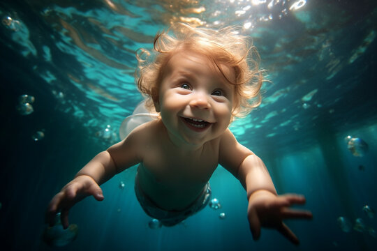 Adorable baby swiming underwater. Diving toddler. High quality photo