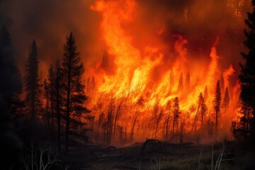 Extreme heat, global warming, Forest fire with trees on fire
