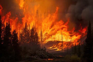 Extreme heat, global warming, Forest fire with trees on fire
