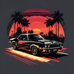 artwork of t-shirt graphic design, flat design of one retro car , Miami street