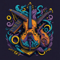 vector t-shirt art ready to print highly detailed colorful graffiti illustration of a violin, piano and guitar