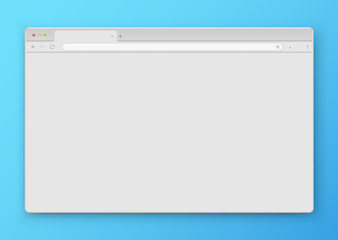 Browser window. Realistic gray empty browser window with toolbar, search bar and shadow on a blue background. Vector illustration.