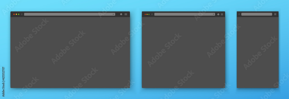 Poster a set of gray browser windows of different shapes on a blue background. website layout with search b