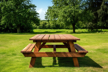 Wooden picnic empty table on a green meadow with trees on background. High quality photo