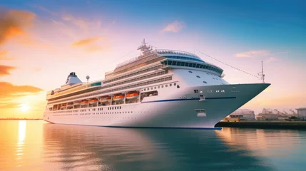 Foto op Aluminium A large, white cruise ship stands near the pier at sunset, side view. Summer vacation, travel, adventure, hot tour. © masyastadnikova