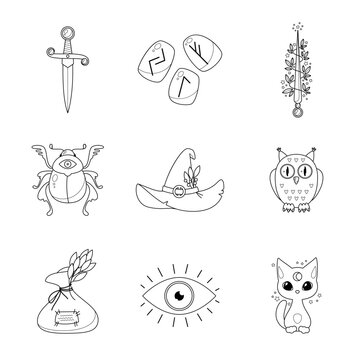 Magic icon set. Cartoon illustration of occult objects such as runestones, witch hat, magic wand, dagger, cat, owl, beetle and bag of herbs isolated on a white background. Vector 10 EPS.