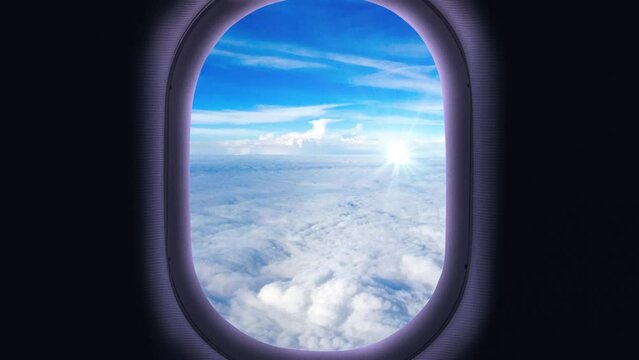 look of window plane Flying Over Stunning Clouds View. Travel and Vacation Airplane Passenger Seat View. Flying and Traveling 