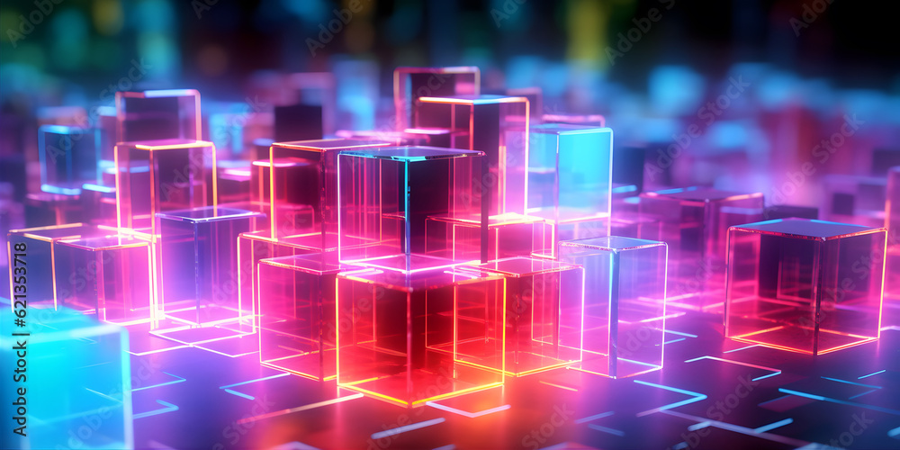 Sticker futuristic cyberspace background, 3d style of data processing. futuristic technology. colorful cubes
