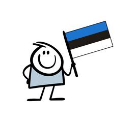 Cartoon stickman holding flag of Estonia in rising up hand. Vector illustration of character waving national sign of the country.