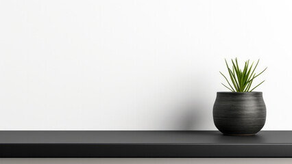 black vase with plant on shelf against white wall on black table top background High quality photo