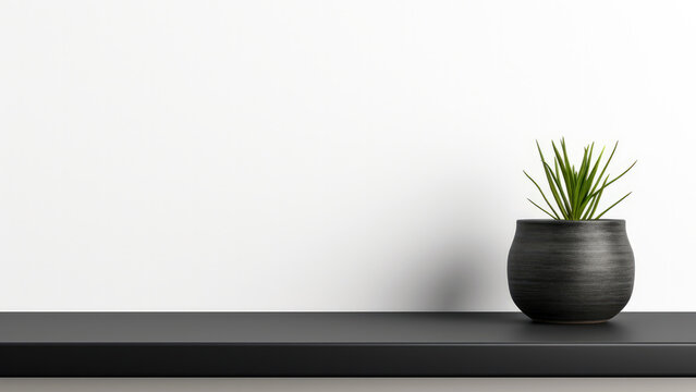 black vase with plant on shelf against white wall on black table top background High quality photo