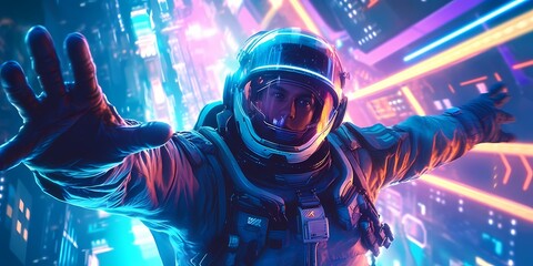 Obraz na płótnie Canvas Retrofuturistic illustration of astronaut in futuristic neon lit cyberpunk city. Neon pink blue violet night astronaut. Generative ai. Illustration art.