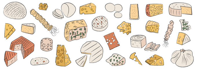 Large collection of different types of cheese. Set of food illustrations with outline. Simple hand drawn vector cliparts. Isolated design elements. Dairy products. Hard and soft cheeses.