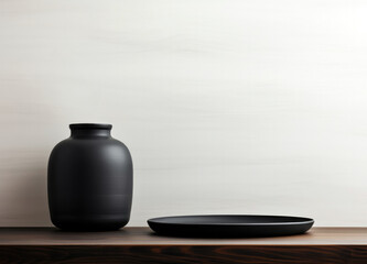 Black ceramic vase and black plate on wooden shelf against white wall bakcground. High quality photo