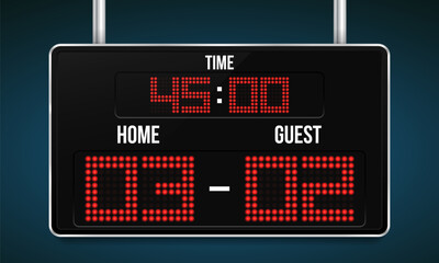 Football digital scoreboard with time and result display. Sport template for your design. Vector illustration.