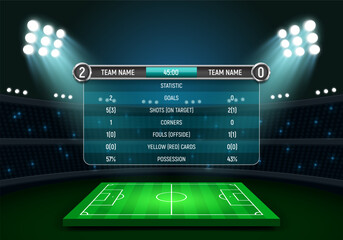Sport scoreboard with result and match summary on green field background. Vector template for your design.