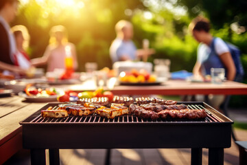 Barbeque grill with delicious grilled meat and vegetables on blurred party people background High quality photo