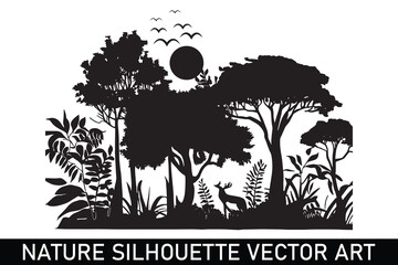 Forest silhouette illustration, Nature silhouette clipart, Nature scenery silhouette, Outdoor nature silhouette.