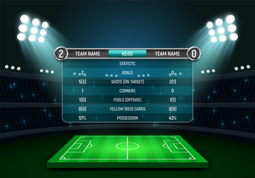 Sport scoreboard with result and match summary on green field background. Vector template for your design.