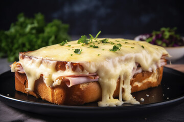 Croque monsieur. Closeup view on dark background. Generative AI.