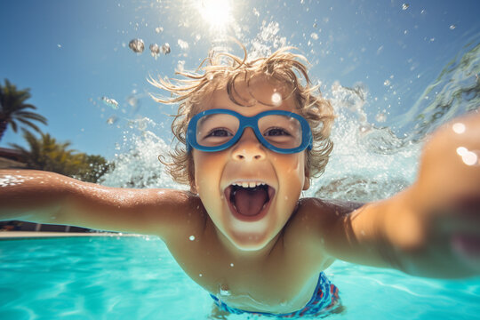 Happy kid swimming underwater and having fun. Happy childhood and summer vacation. High quality photo
