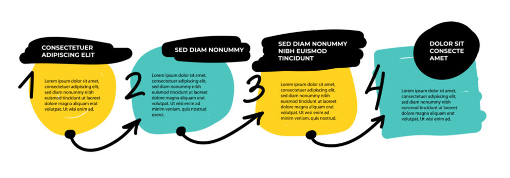 4 steps infographic with hand drawn text box, arrows. Step by step manual instruction. Empty design template. Data visualization. Design element for presentation with copy space. Workflow layout