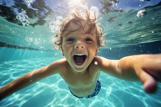 Happy kid swimming underwater and having fun. Happy childhood and summer vacation. High quality photo
