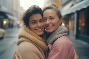 Free, happy and LGBT portrait of lesbians in the city street. Generative AI