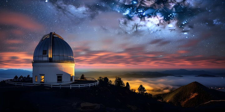 A bustling observatory atop a mountain peak, with astronomers peering through powerful telescopes at distant stars and galaxies