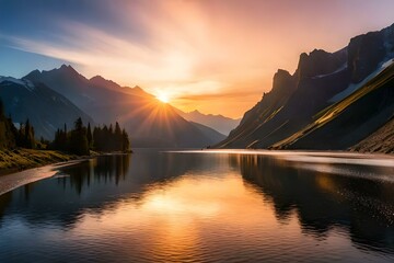 Fototapeta na wymiar sunset over the lake generated by AI technology