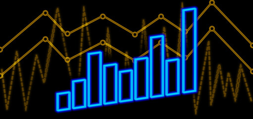Financial increase chart, management, control, abstract background with uptrend line and chart on dark blue background stock market chart statistics neon effect