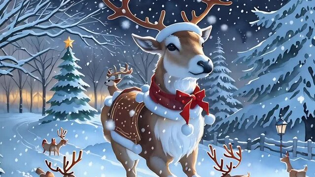 Adorable reindeer in the snow wearing Christmas clothes
