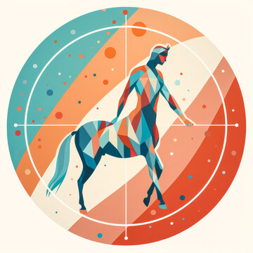 Enthralling Sagittarius astrological sign, depicted as a centaur man horse in vibrant pastel tones within an elegant minimalist circle on a white backdrop. Generative AI