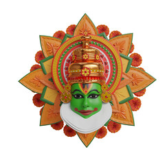3d render onam festival with kathakali character face in yellow background © Yuga