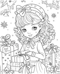 Christmas Girl And Gifts Coloring Page