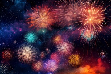 Fototapeta premium Colorful fireworks over the night sky, celebrating New Year