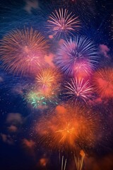 Colorful fireworks over the night sky, celebrating New Year - obrazy, fototapety, plakaty