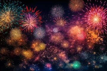 Fototapeta na wymiar Colorful fireworks over the night sky, celebrating New Year