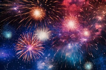 Colorful fireworks over the night sky, celebrating New Year