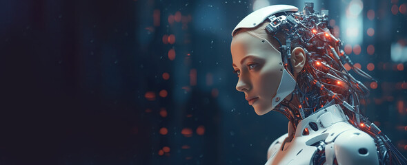 portrait of woman with artificial intelligence, panoramic layout. Generative Ai
