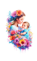 Obraz na płótnie Canvas A mother with cute baby,Mother’s love,mother’s day, Black T-Shirt Design on Transparent Background PNG | Fashionable trendy style,Feel free to modify, Youthful Style generated AI