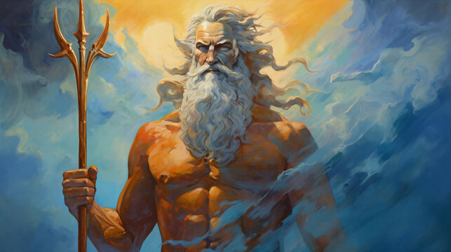 Poseidon God of Sea and Water figure character. Ancient greek god. Mythology. Colorful painting illustration
