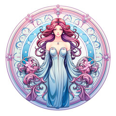 Enchanting Virgo astrological sign, pastel style on white background. Centered maiden symbol with spot of feminine color setting a mystical mood. Generative AI