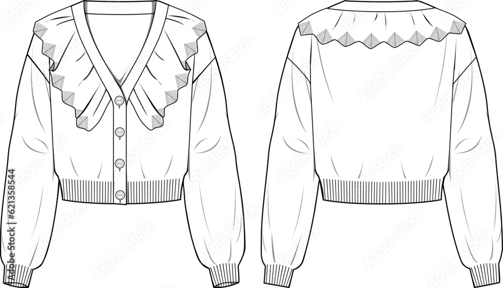 Wall mural women's collar detail cardigan- technical fashion illustration. front and back, white colour. women' - Wall murals
