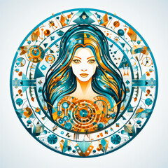 Chic Virgo zodiac sign, vivid pixel-style within a minimalist circle, isolated on white background. Stirring and modern interpretation of astrological symbol. Generative AI