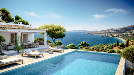 Fototapeta na wymiar House Villa with Pool in Mediterranean Style in the South of Europe Wallpaper Background Brainstorming Generative AI Digital Art Illustration