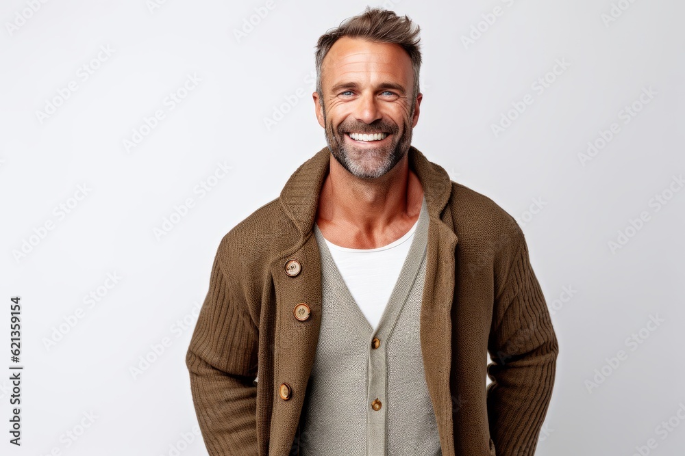 Wall mural Handsome man in casual clothes smiling while standing against white background