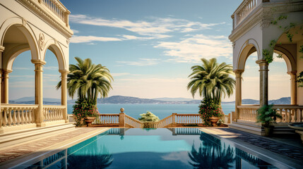 Fototapeta premium House Villa with Pool in Mediterranean Style in the South of Europe Wallpaper Background Brainstorming Generative AI Digital Art Illustration